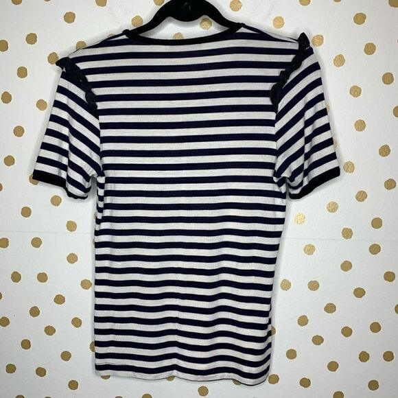 Harvey Faircloth Navy Striped Ruffle Top L - Picture 5 of 6